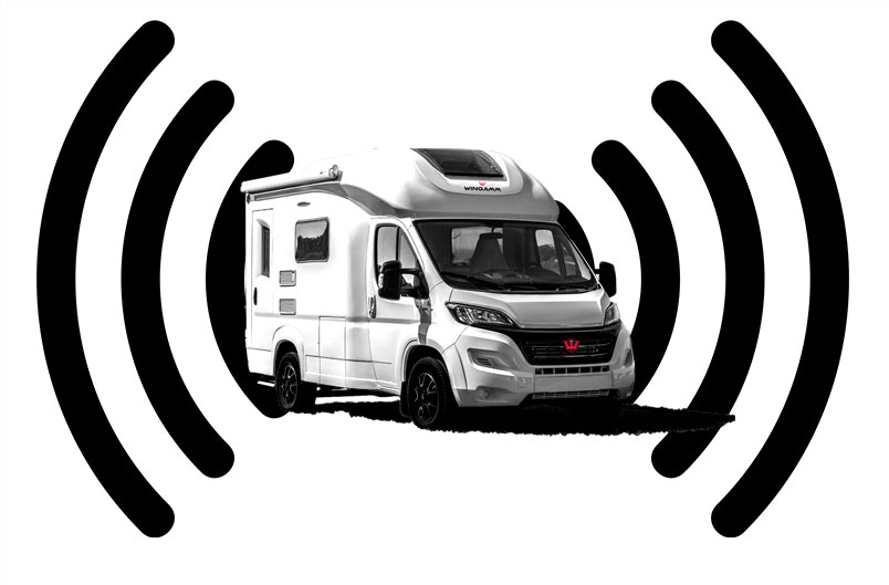 Van with illustrated connectivity icons